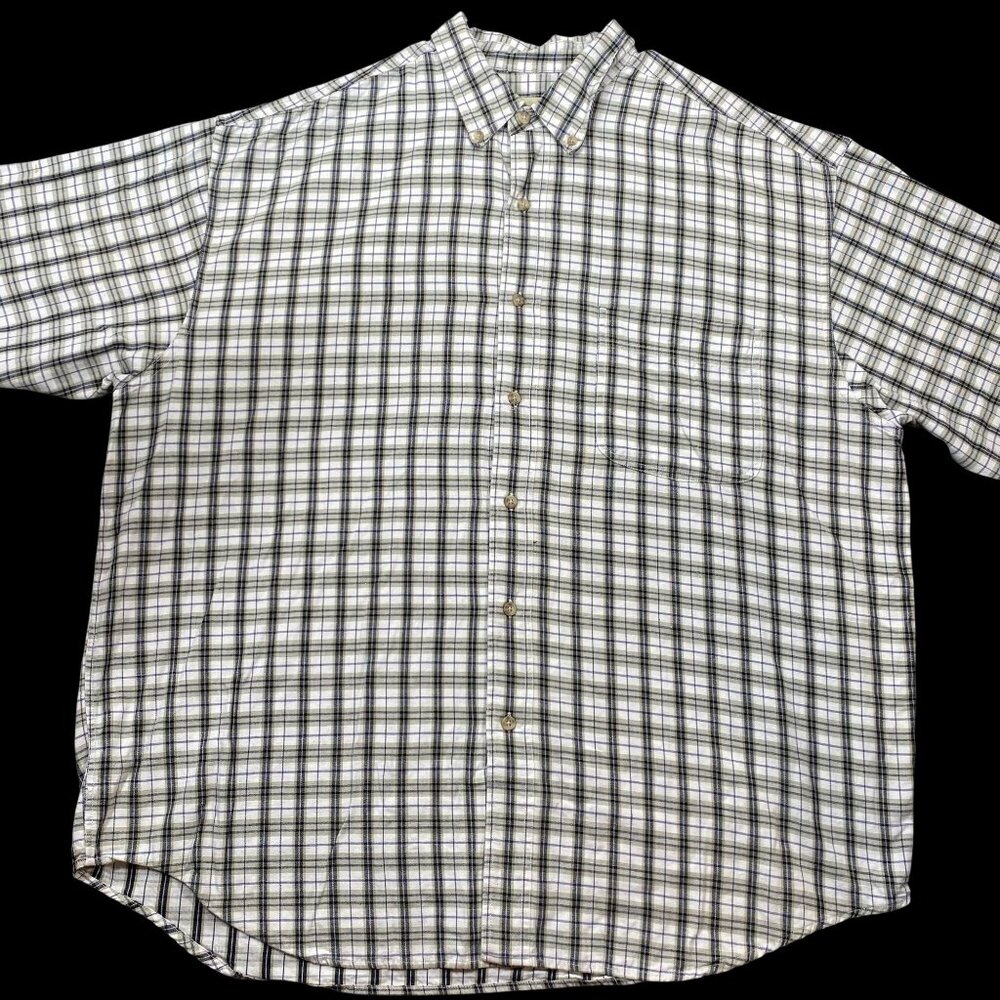 Eddie Bauer Mens XL Button-Down Long Sleeve Plaid Shirt 100% Cotton Beige Black